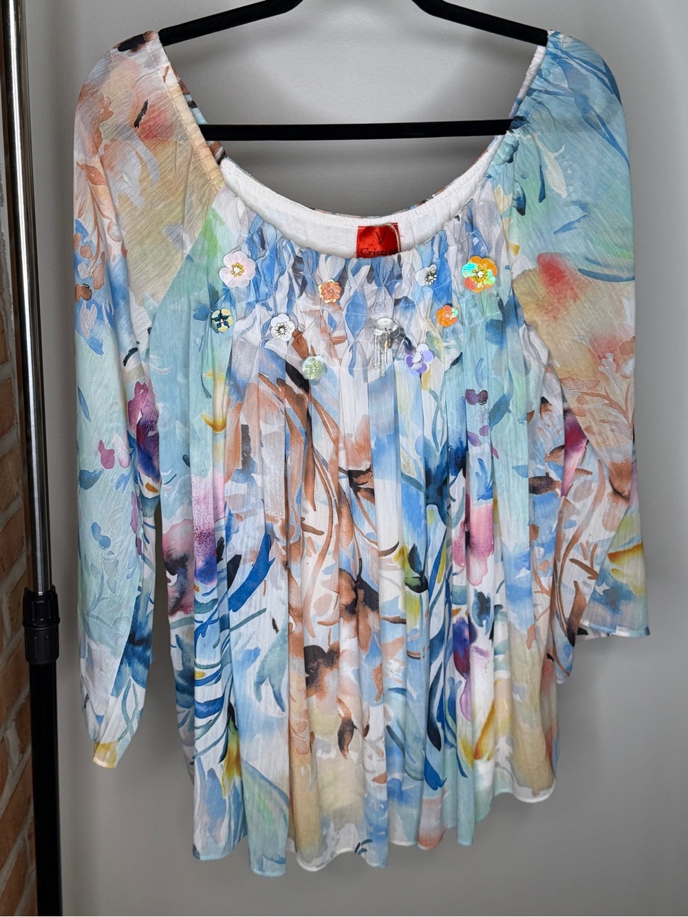 3d Beaded Floral Pleated Off-Shoulder Women’s Blouse - Light Blue Multicolor
